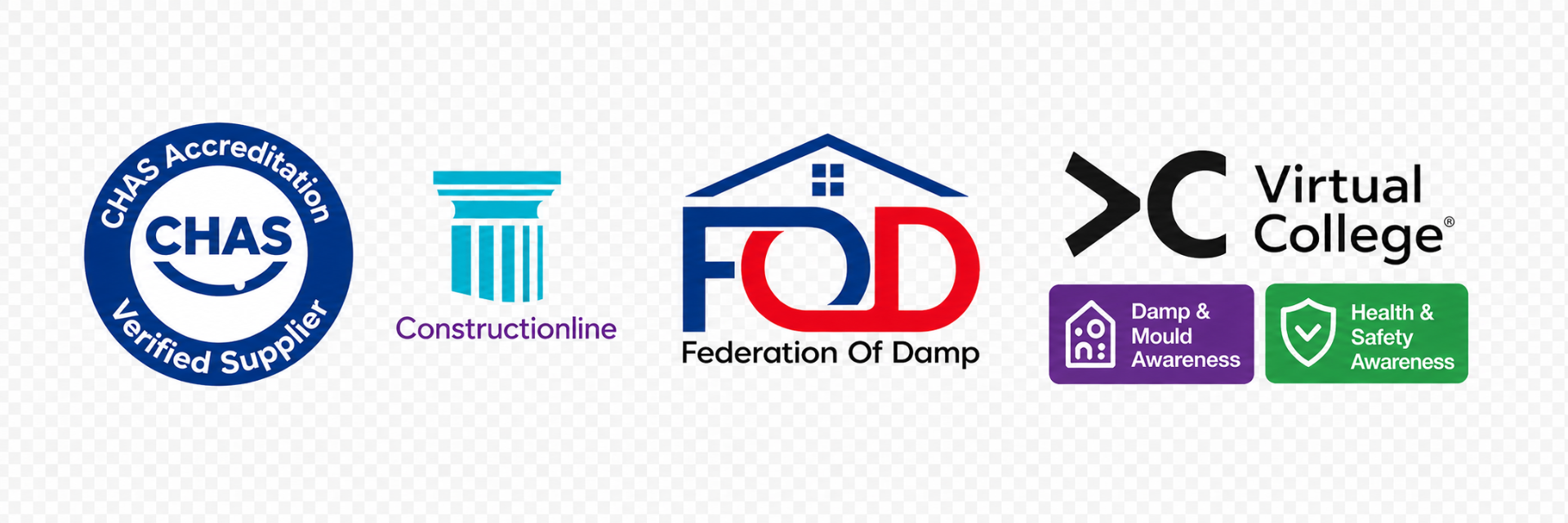 Accreditations: CHAS Verified Supplier, Constructionline, Federation of Damp, Virtual College, Damp & Mould Awareness, Health & Safety Awareness